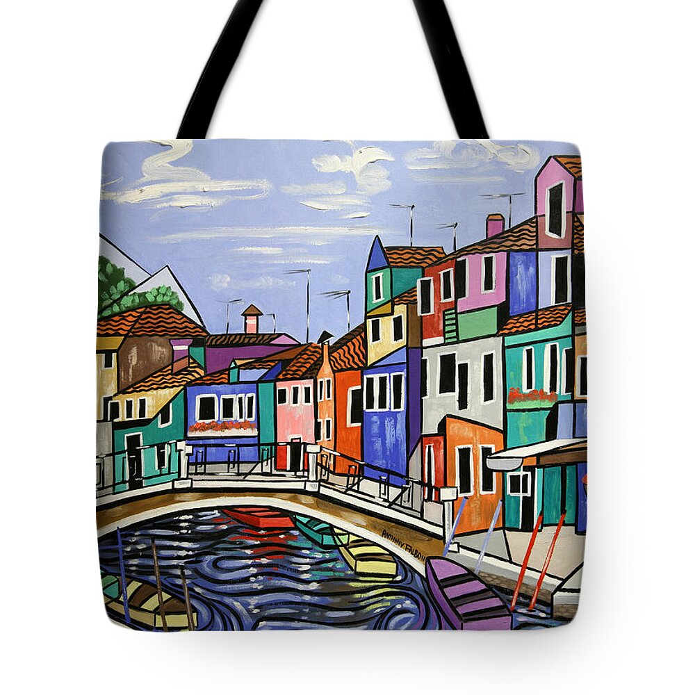 Cubism Tote Bag featuring the painting Painted Buildings burano Venice by Anthony Falbo