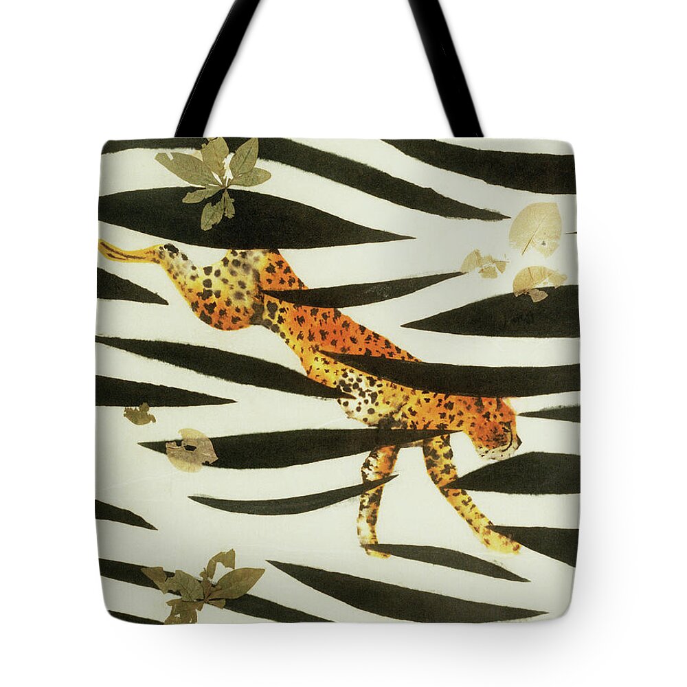 Gouache Tote Bag featuring the digital art Painted Collage Of Cheetah, Leaves And by Tess Stone