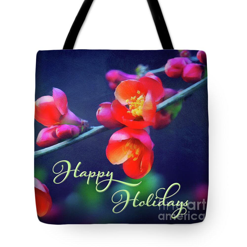 Quince Tote Bag featuring the photograph Painted Quince Blossoms Winter Holiday Art by Anita Pollak