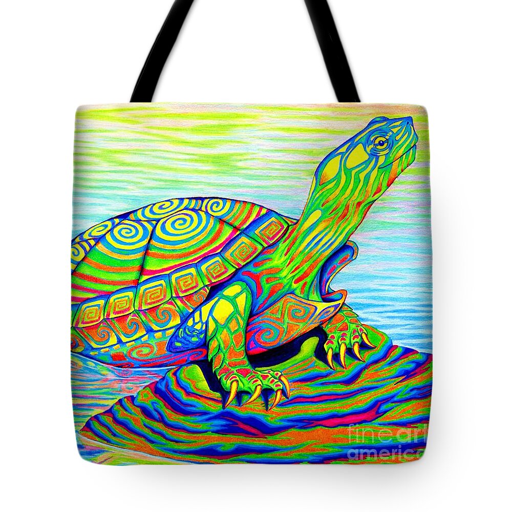 Turtle Tote Bag featuring the drawing Psychedelic Neon Rainbow Painted Turtle by Rebecca Wang