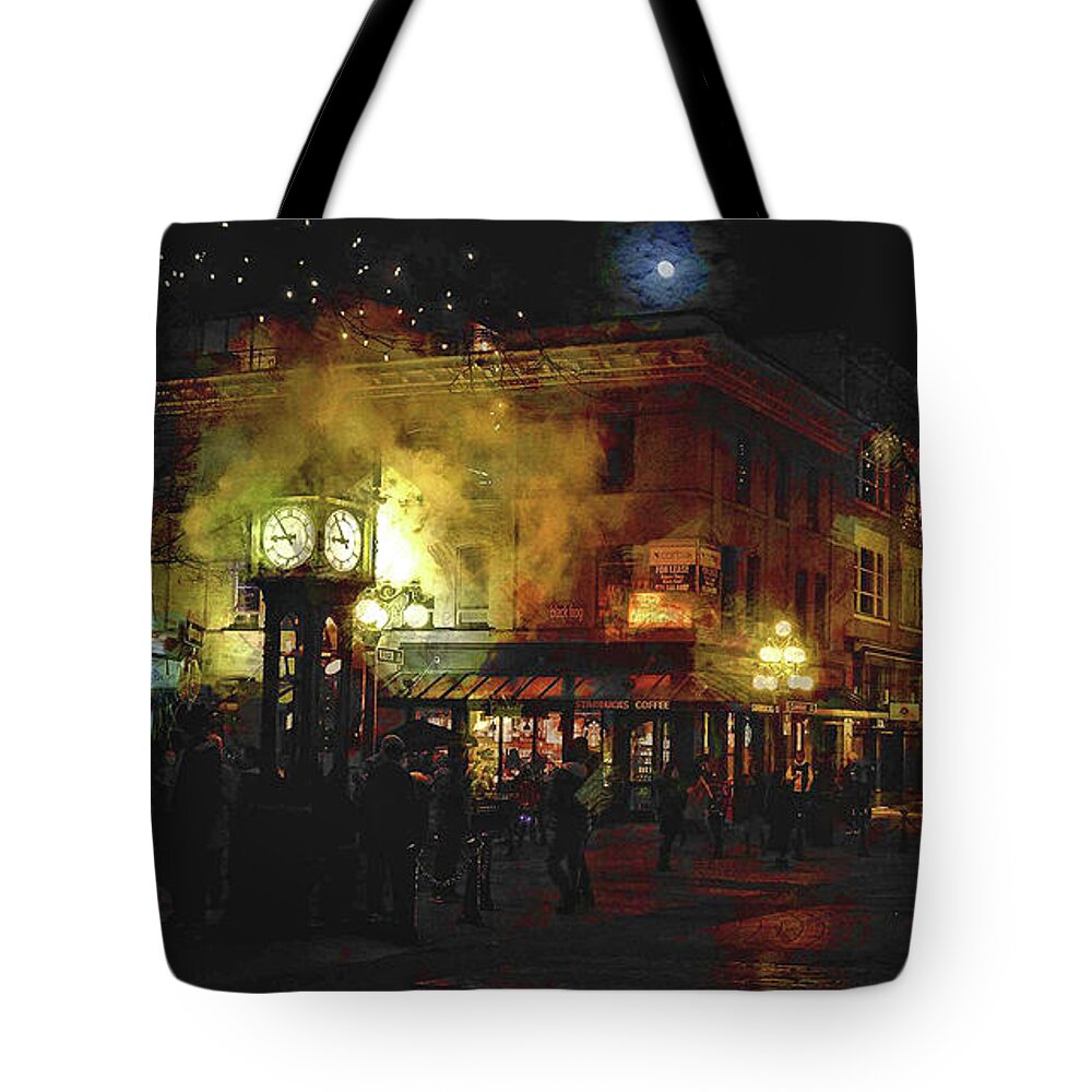 Steamclock Tote Bag featuring the digital art Painterly Steam Clock by Cameron Wood