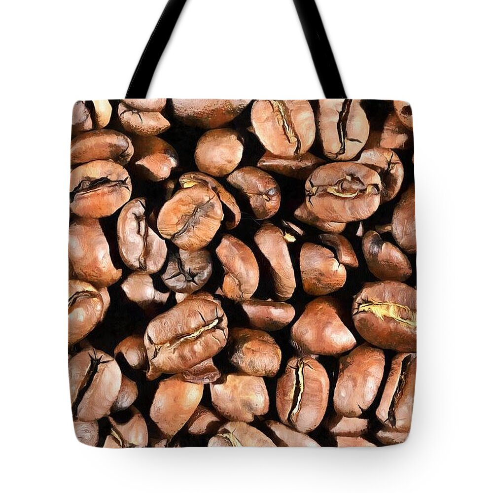 Espresso; Coffee; Cafe; Bean; Beans; Beverage; Caffeine; Close; Close Up; Drink; Hot; Close-up; Closeup; Macro; Dark; Italian; Brown; Roast; Roasted; Aromatic; Flavor; Fragrance; Grains; Grain; Aroma; Pile; Stack; Still Life; Still-life; View From Above; Arabica Tote Bag featuring the painting Painting of coffee beans II by George Atsametakis