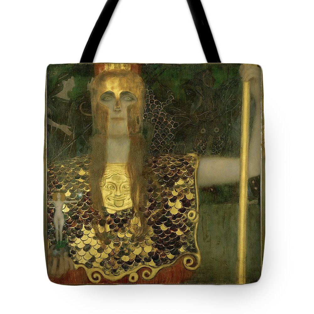 Athena Tote Bag featuring the painting Pallas Athene. Oil on canvas -1898- 75 x 75 cm. by Gustav Klimt -1862-1918-