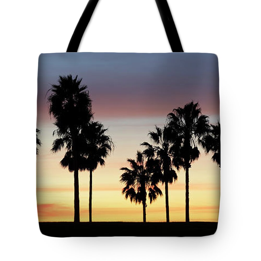 Panoramic Tote Bag featuring the photograph Palm Trees At Sunset by S. Greg Panosian