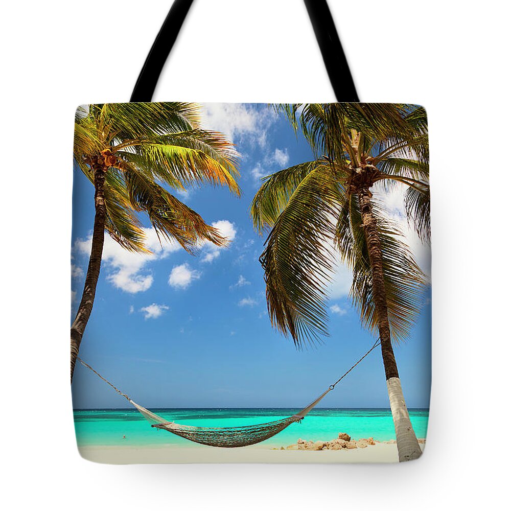 Estock Tote Bag featuring the digital art Palm Tress And Hammock At Beach by Claudia Uripos