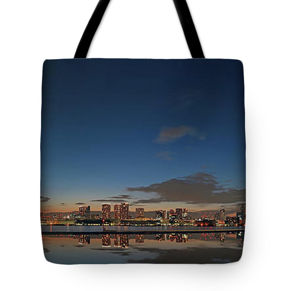 Tokyo Tower Tote Bag featuring the photograph Panorama Tokyo Bay Reflection Night View by Photography By Zhangxun
