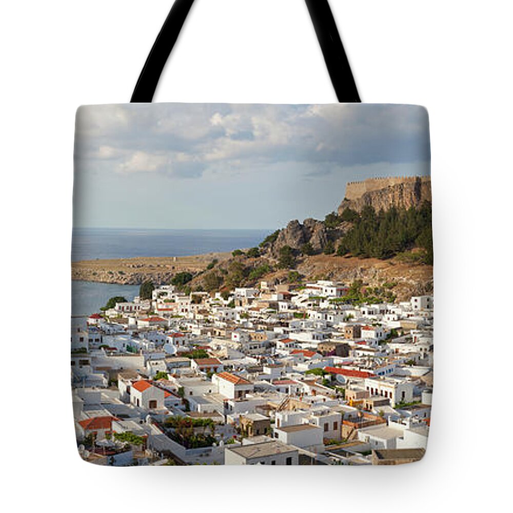 Viewpoint Tote Bag featuring the photograph Panorama View Lindos, Rhodes Island by Peter Adams