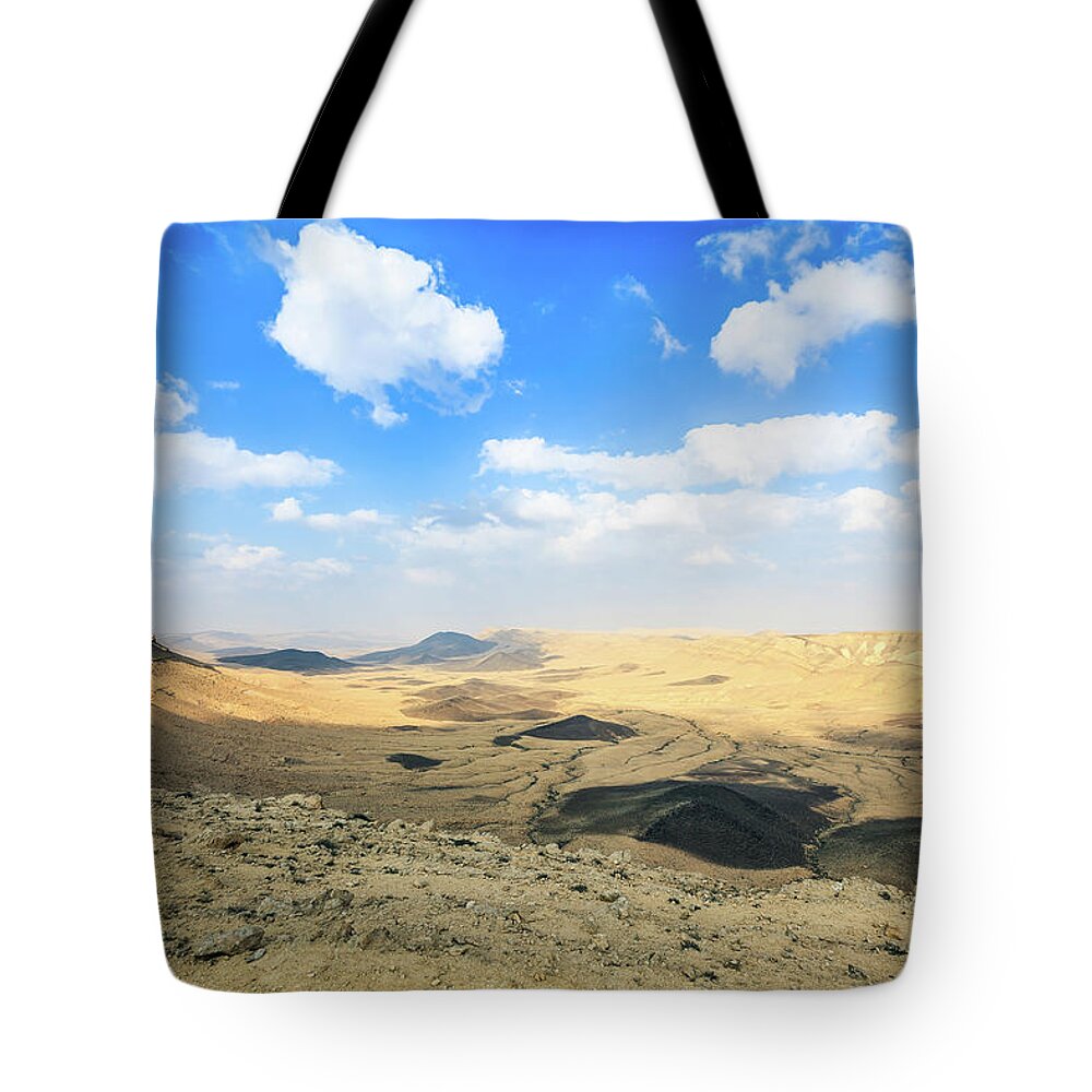 Scenics Tote Bag featuring the photograph Panoramic View Of Dersert Negev, Israel by Fredfroese