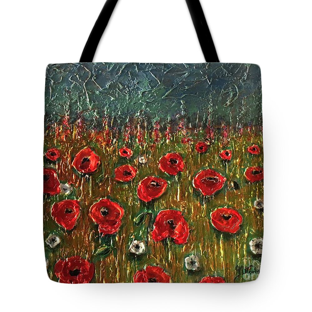 Pappyes Tote Bag featuring the painting Poppy field by Maria Karlosak