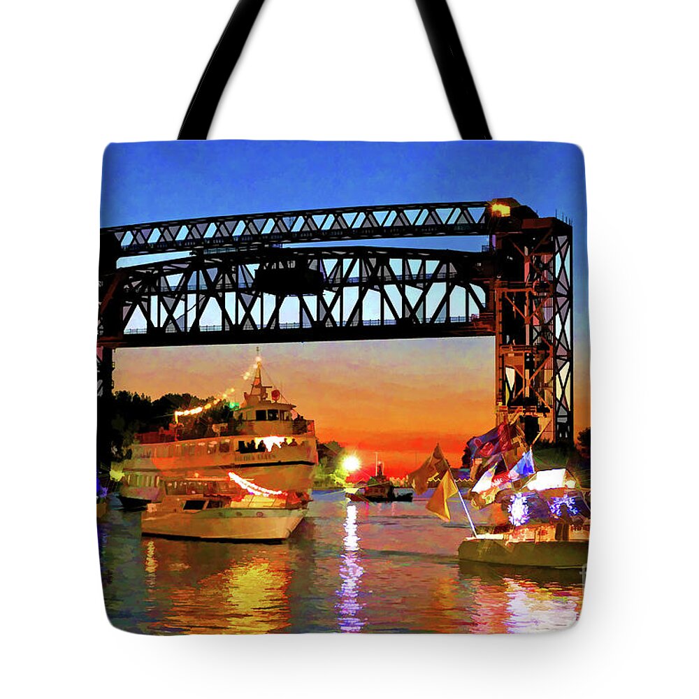 Parade Of Lighted Boats Tote Bag featuring the digital art Parade of Lighted Boats by Mark Madere