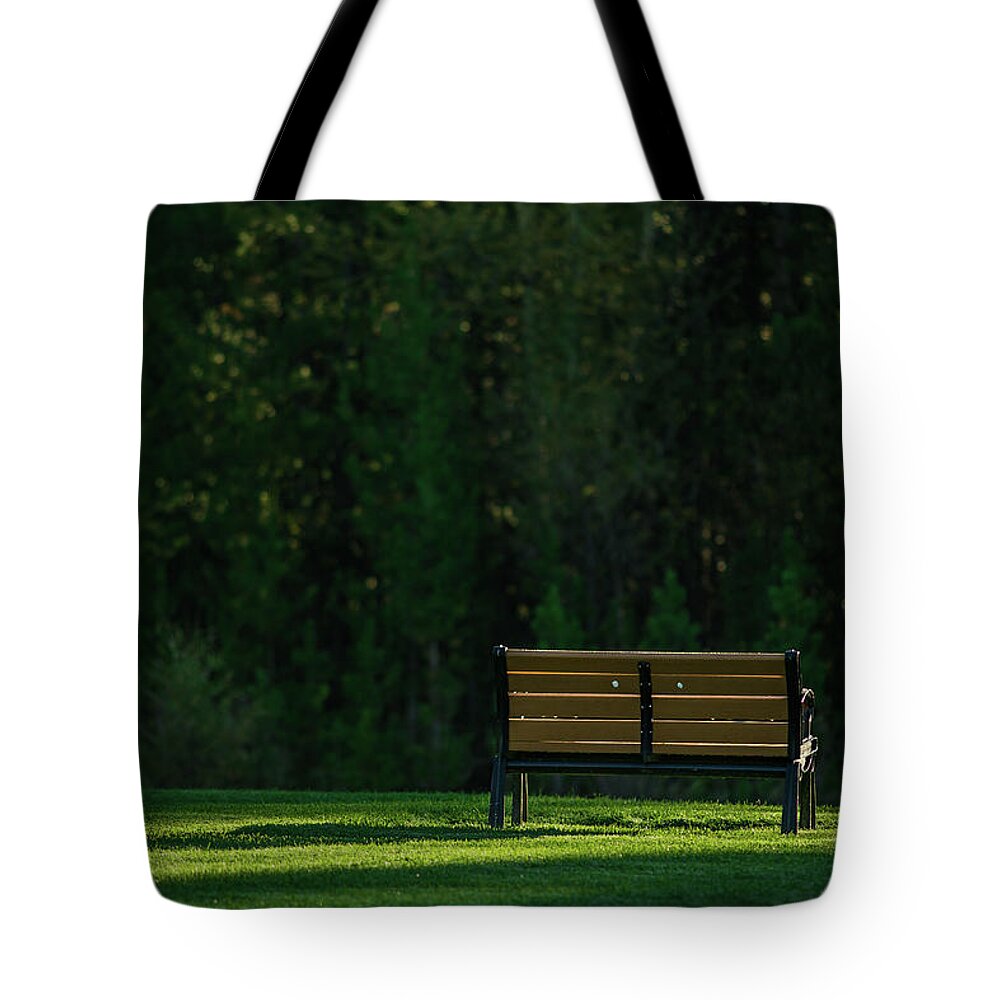 Bench Tote Bag featuring the photograph Park bench at sunrise by Julieta Belmont