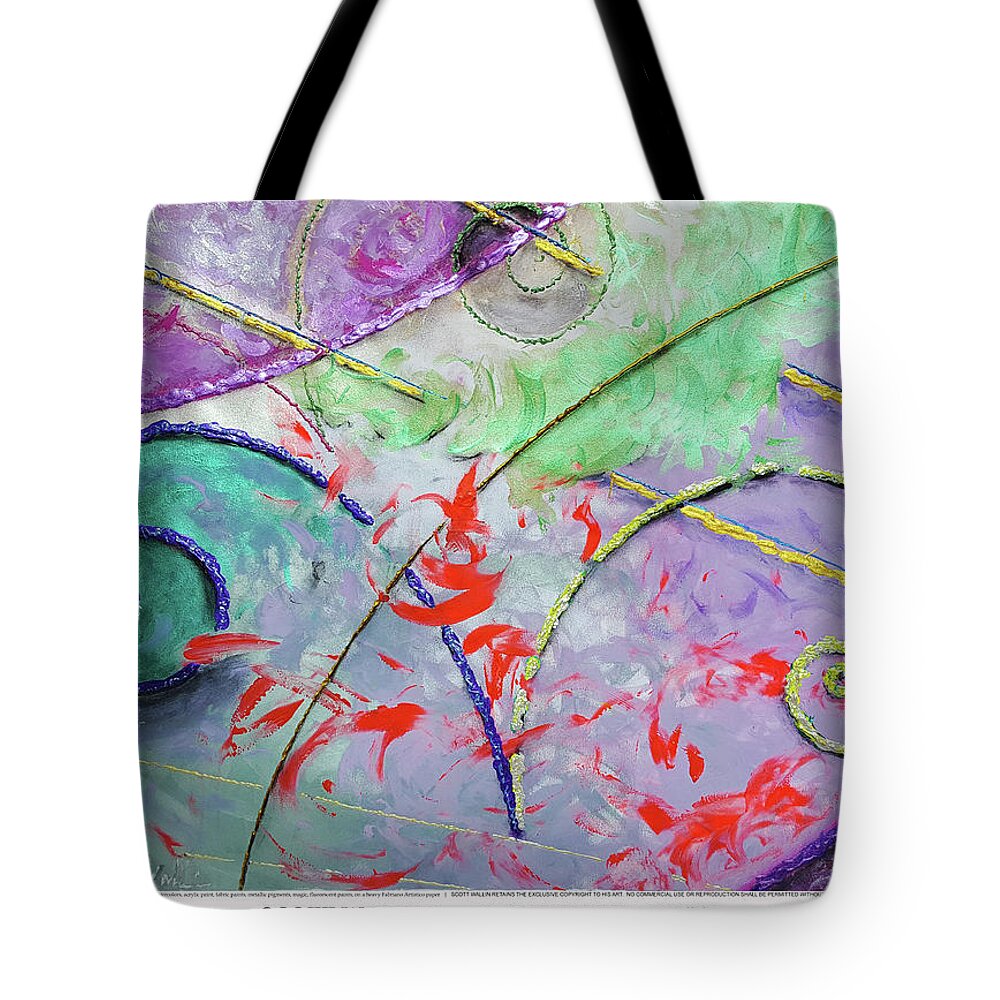 The Particle Track Series Is A Bright Tote Bag featuring the painting Particle Track Sixty-five by Scott Wallin