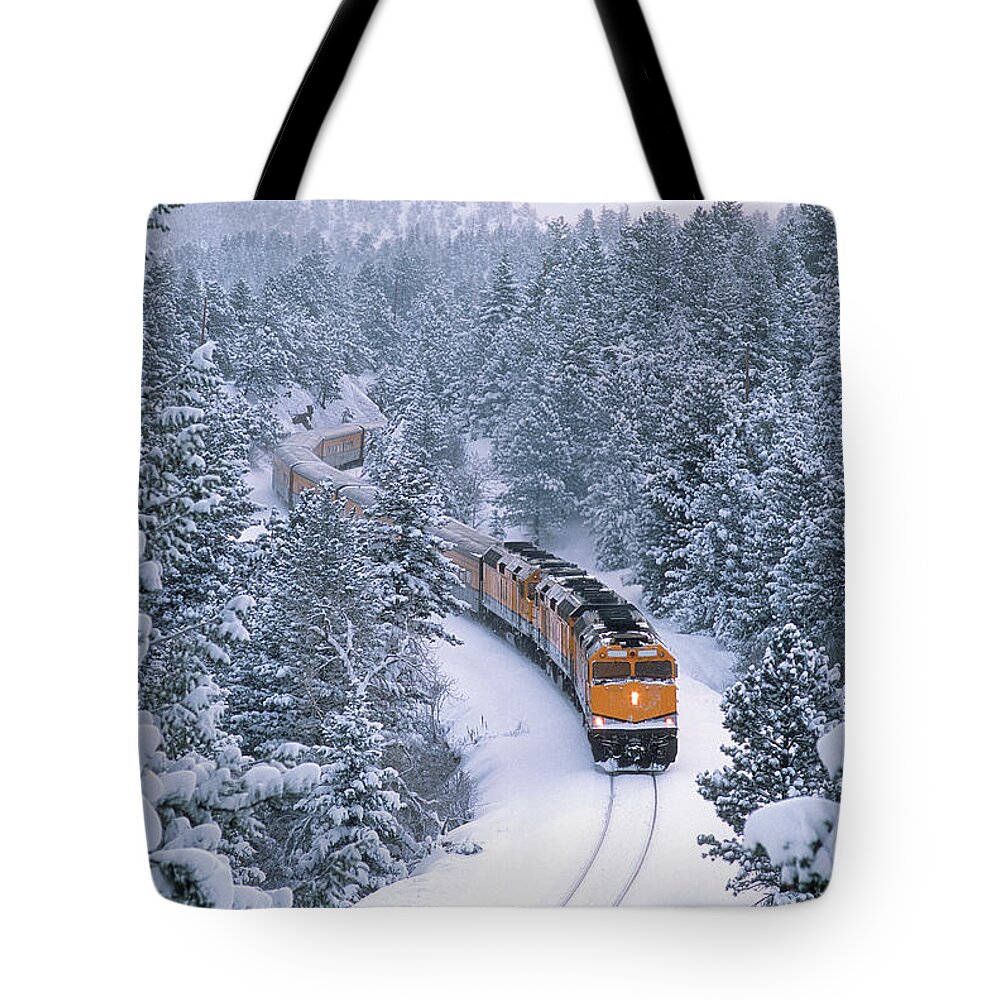 Passenger Train Tote Bag featuring the photograph Passenger Train In Winter Wonderland by Mike Danneman