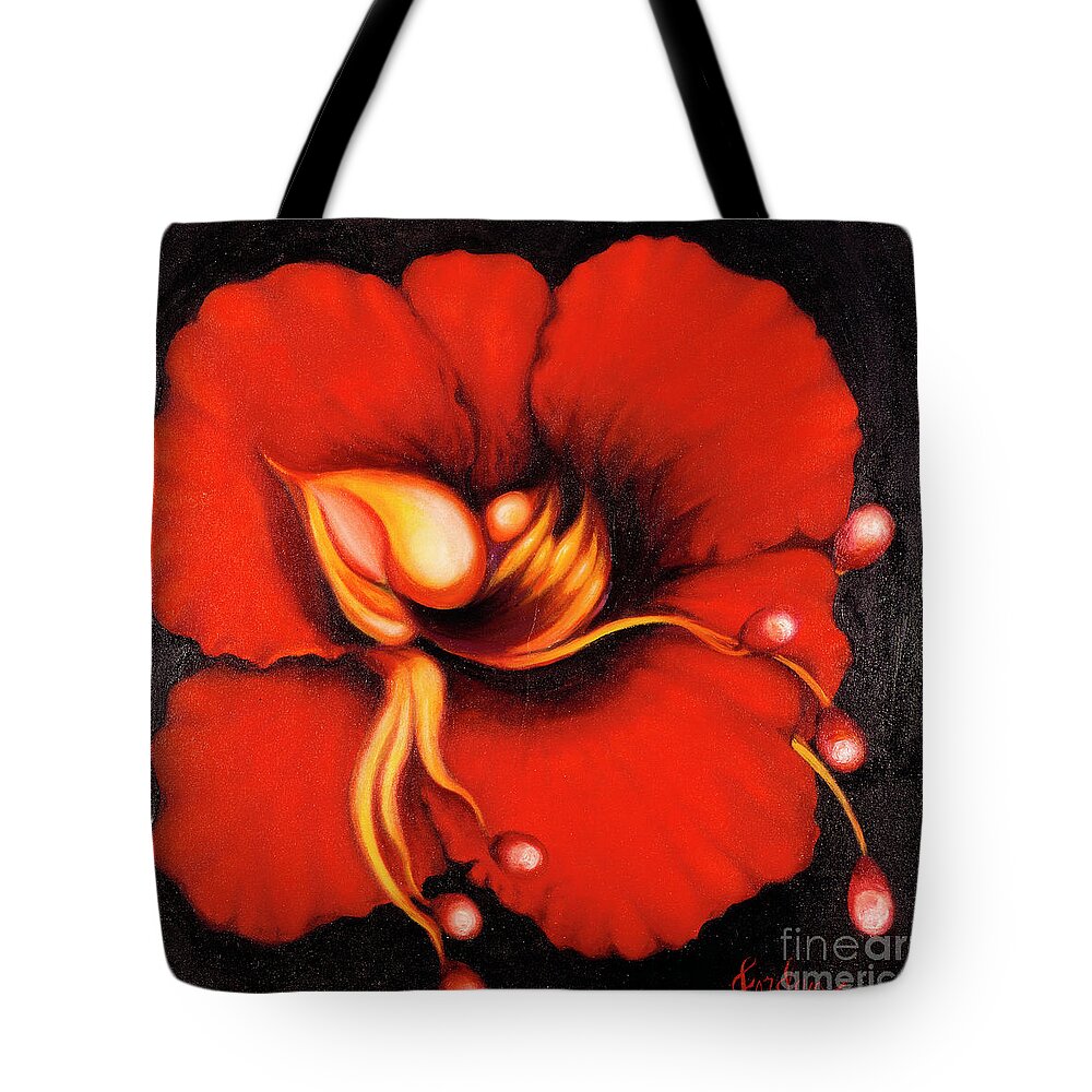 Red Surreal Bloom Artwork Tote Bag featuring the painting Passion Flower by Jordana Sands