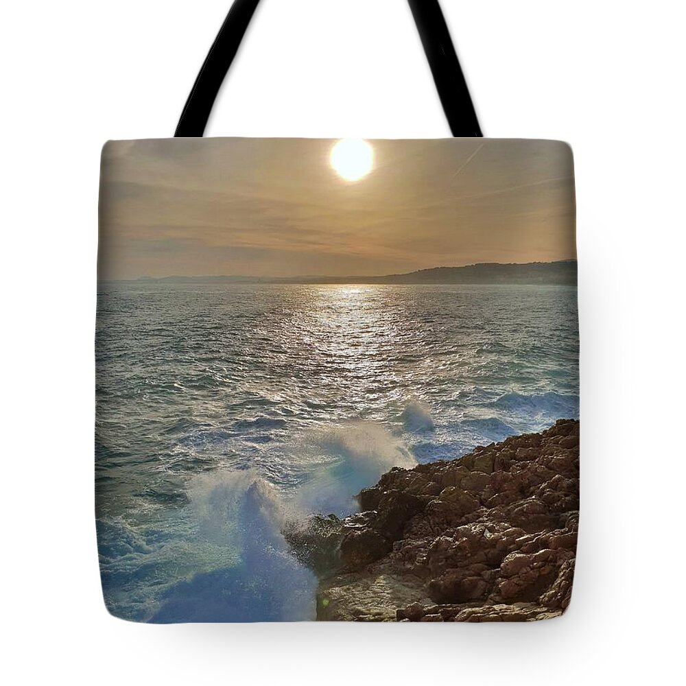 Seascape Tote Bag featuring the photograph Pastel Mediterranean Sunset by Andrea Whitaker