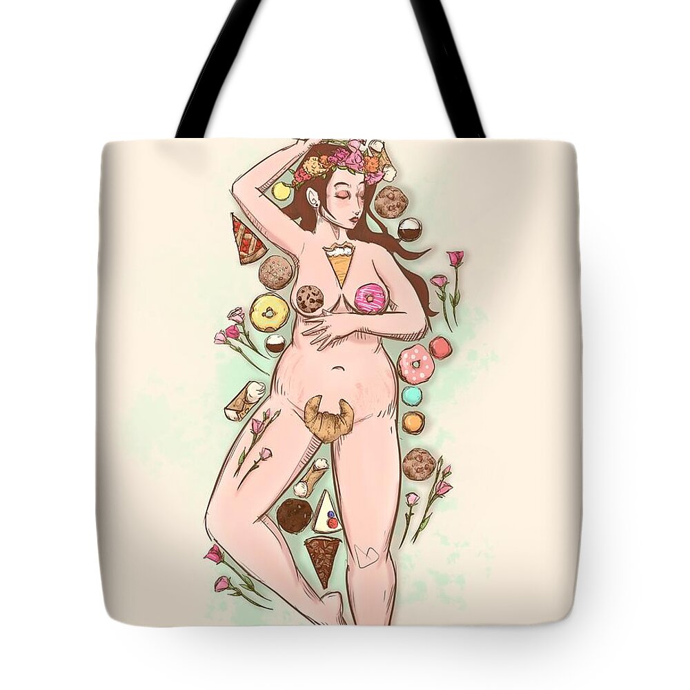 Body Positive Tote Bag featuring the drawing Pastry Queen by Ludwig Van Bacon