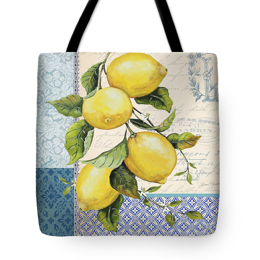 Lemon Tote Bag featuring the mixed media Patchwork Lemons A by Jean Plout