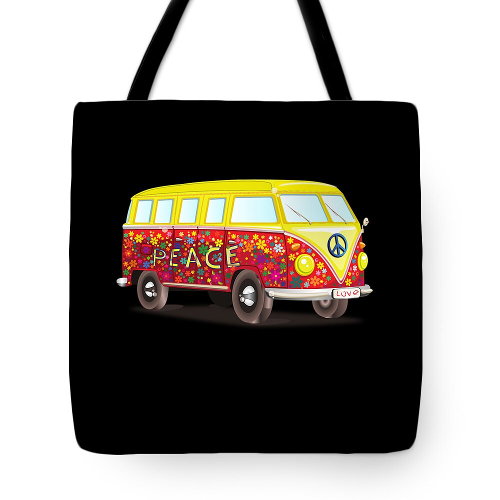 Cool Tote Bag featuring the digital art Peace And Love Hippy Van by Flippin Sweet Gear