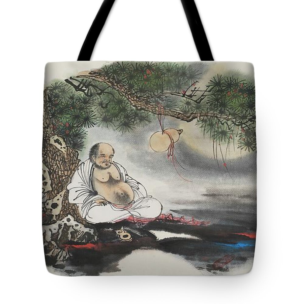 Chinese Watercolor Tote Bag featuring the painting Mellow Buddha Napping Under a Pine Tree by Jenny Sanders