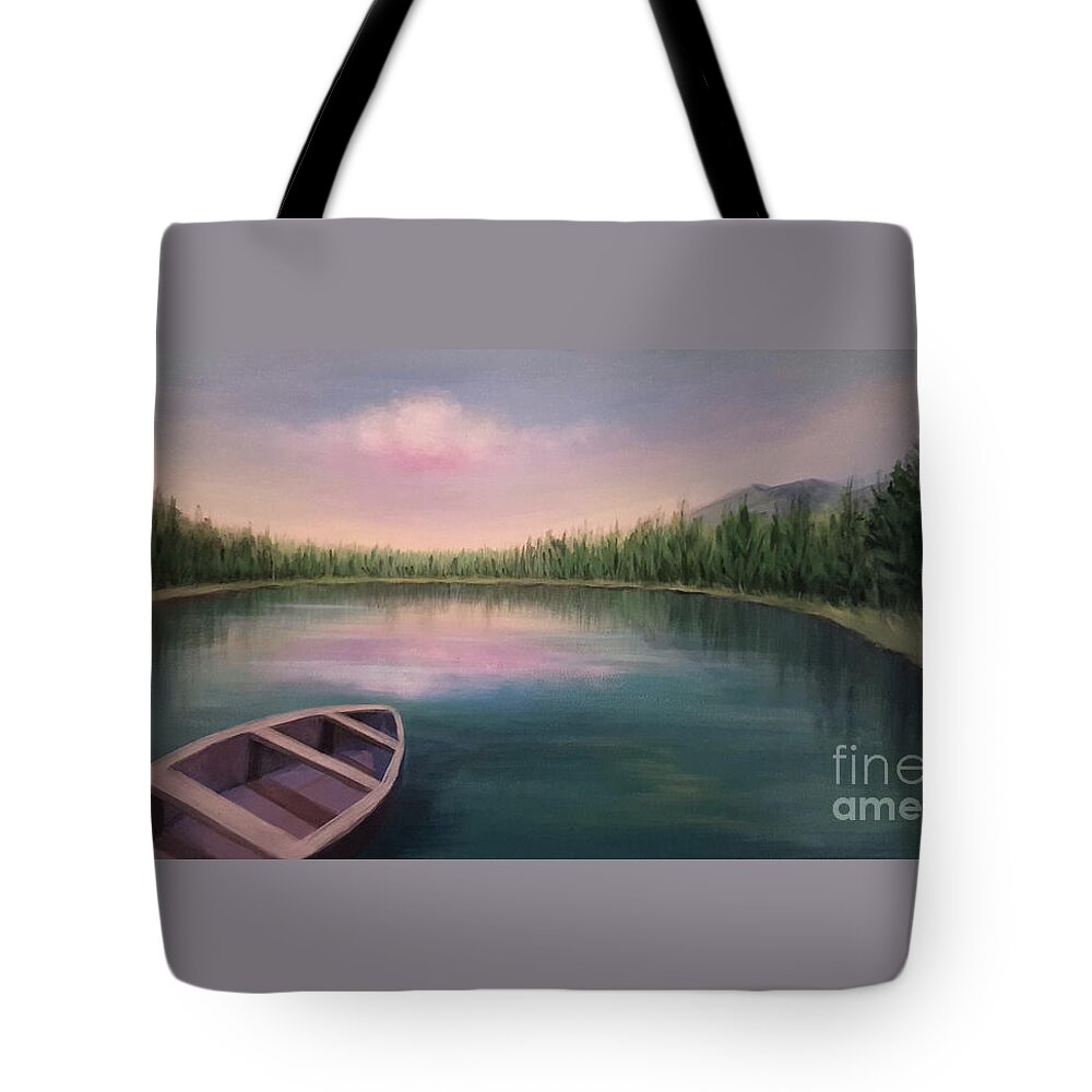 Lake Tote Bag featuring the painting Peaceful Lake by Yoonhee Ko