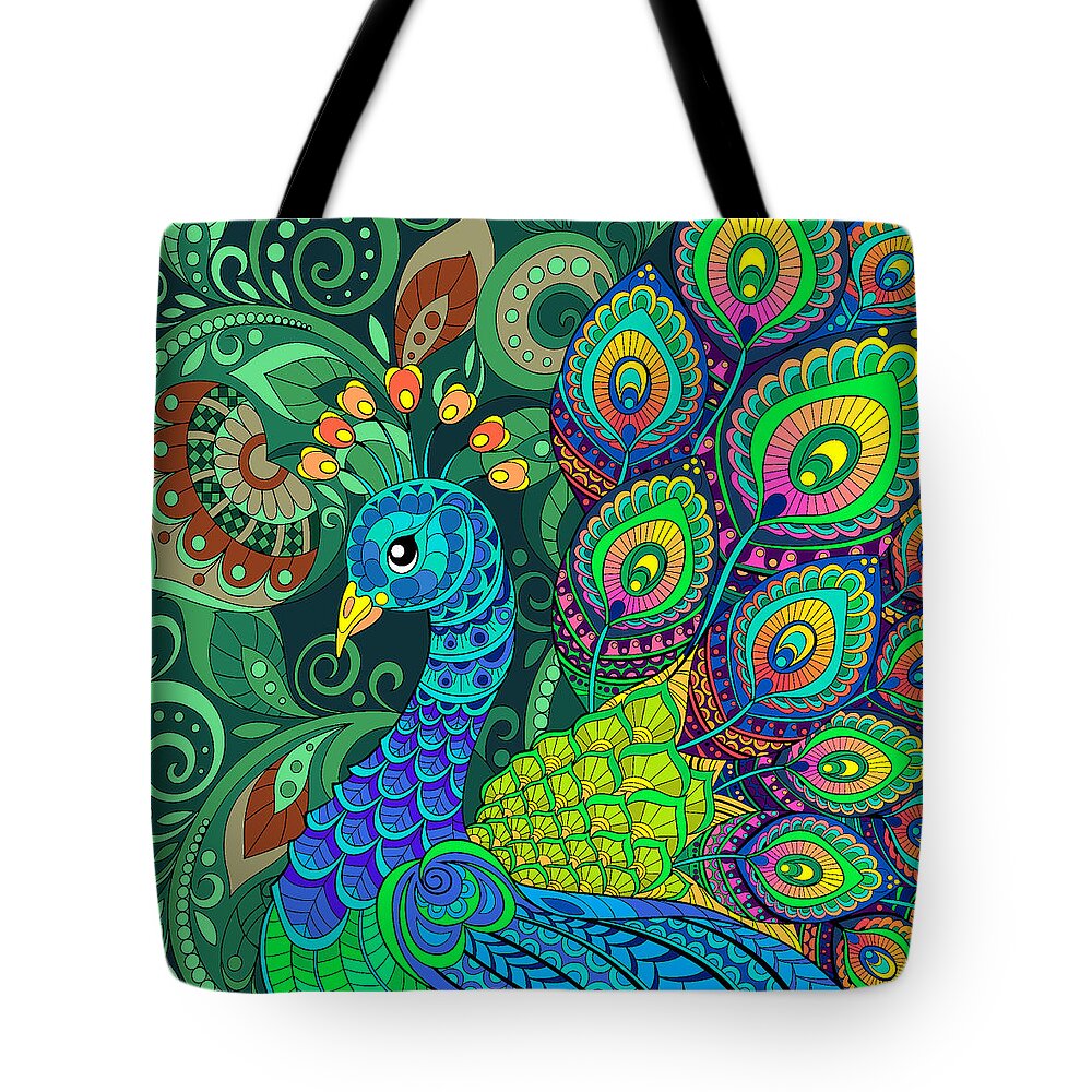 Peacock Tote Bag featuring the drawing Peacock by Susan Gary