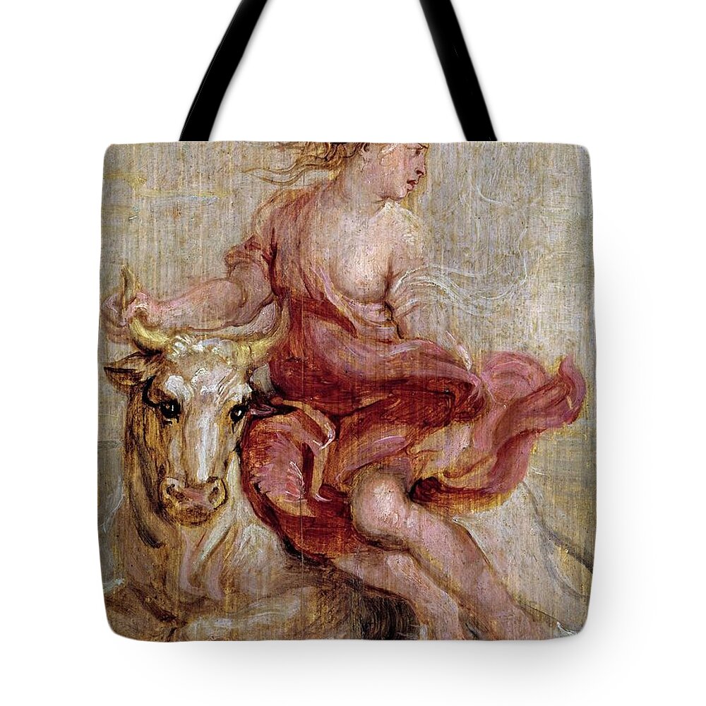 Europa Tote Bag featuring the painting Pedro Pablo Rubens / 'The Rape of Europe', 1636-1637, Flemish School. Europa. by Peter Paul Rubens -1577-1640-