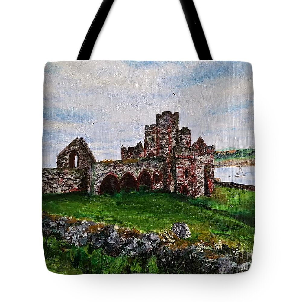 Castle Tote Bag featuring the painting Peel Castle, Isle of Man by C E Dill