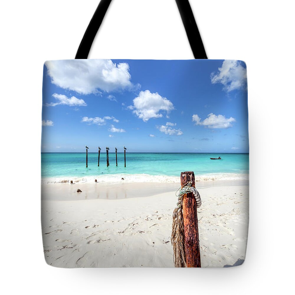 Aruba Tote Bag featuring the photograph Pelicans Perch by David Letts