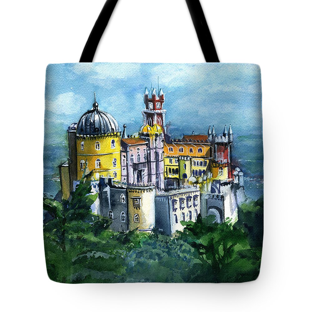 Lisboa Tote Bag featuring the painting Pena National Palace in Sintra Portugal by Dora Hathazi Mendes