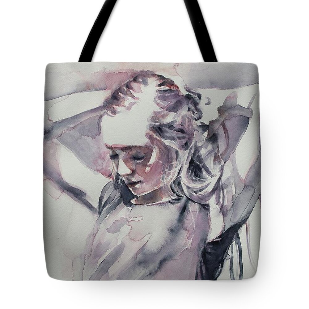 Watercolor Tote Bag featuring the painting Pensive by Tracy Male