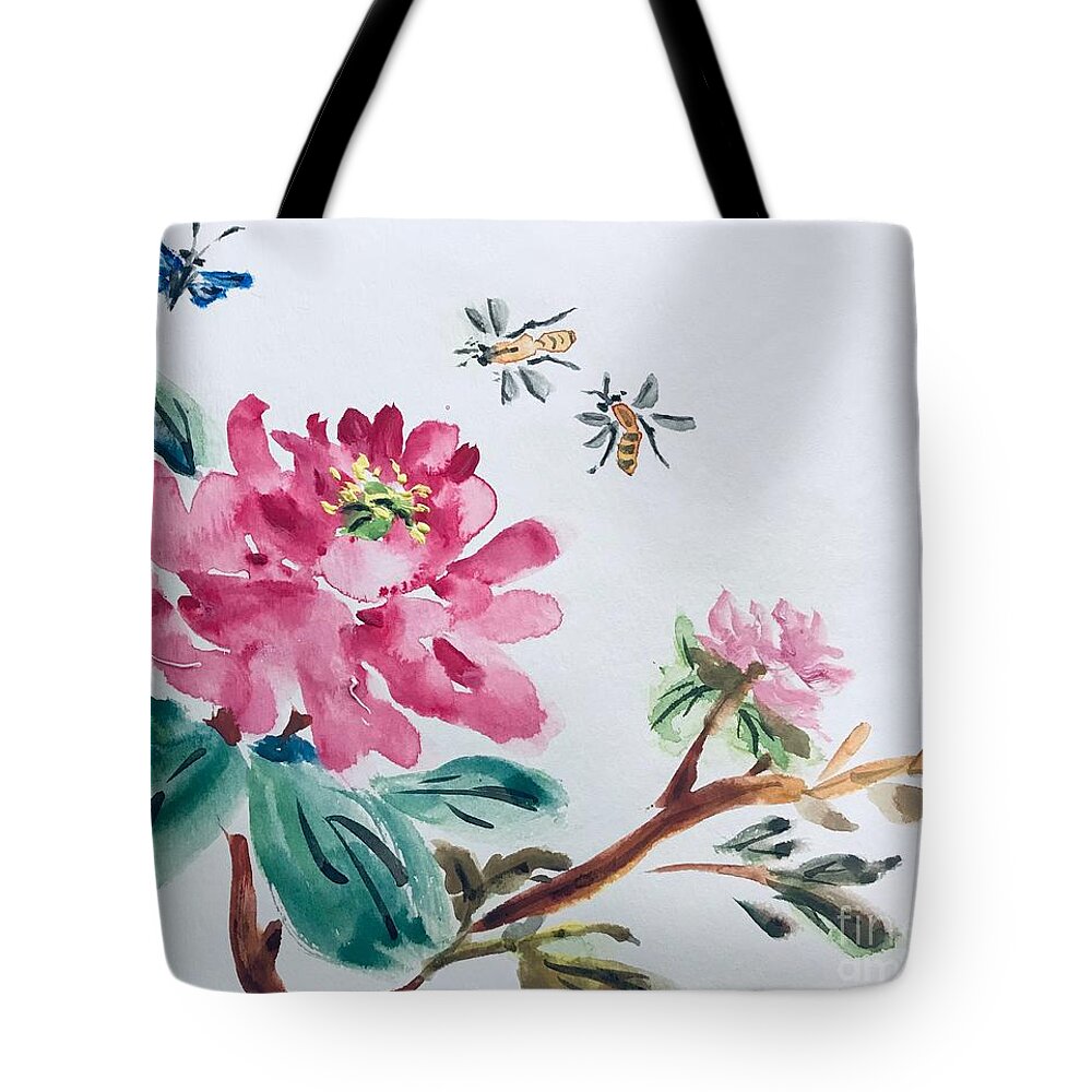 Chinese Brush Painting Of Peonies Tote Bag featuring the painting Peonies by Lavender Liu