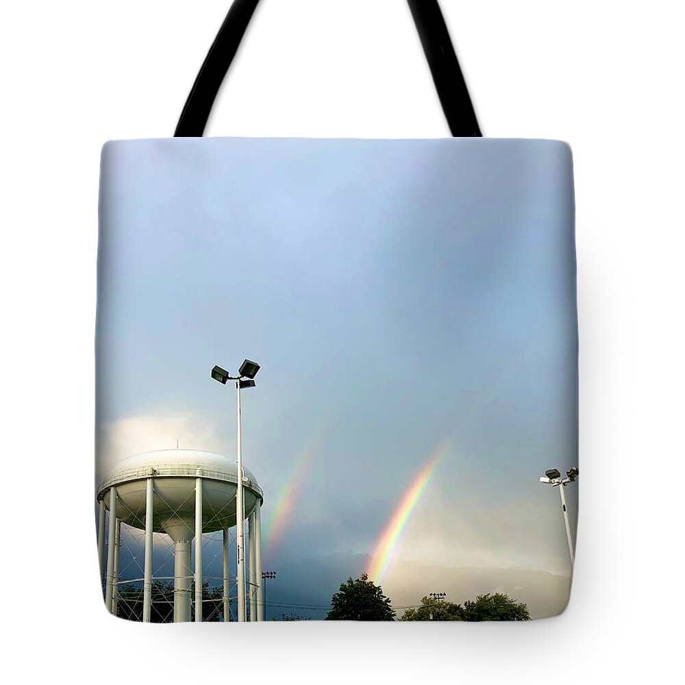 Rainbow Tote Bag featuring the photograph Perry Hall Double Rainbow by Chris Montcalmo