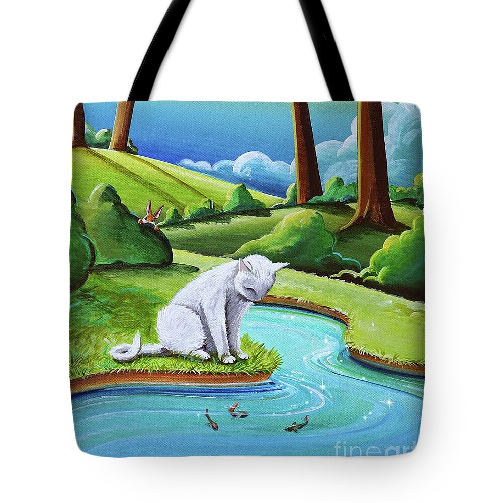 White Cat Tote Bag featuring the painting Peter Sees A Cat by Cindy Thornton