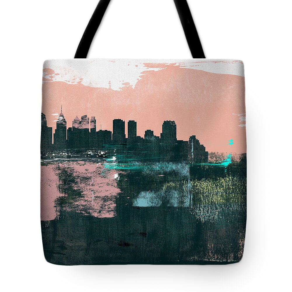 Philadelphia Tote Bag featuring the mixed media Philadelphia Abstract Skyline II by Naxart Studio
