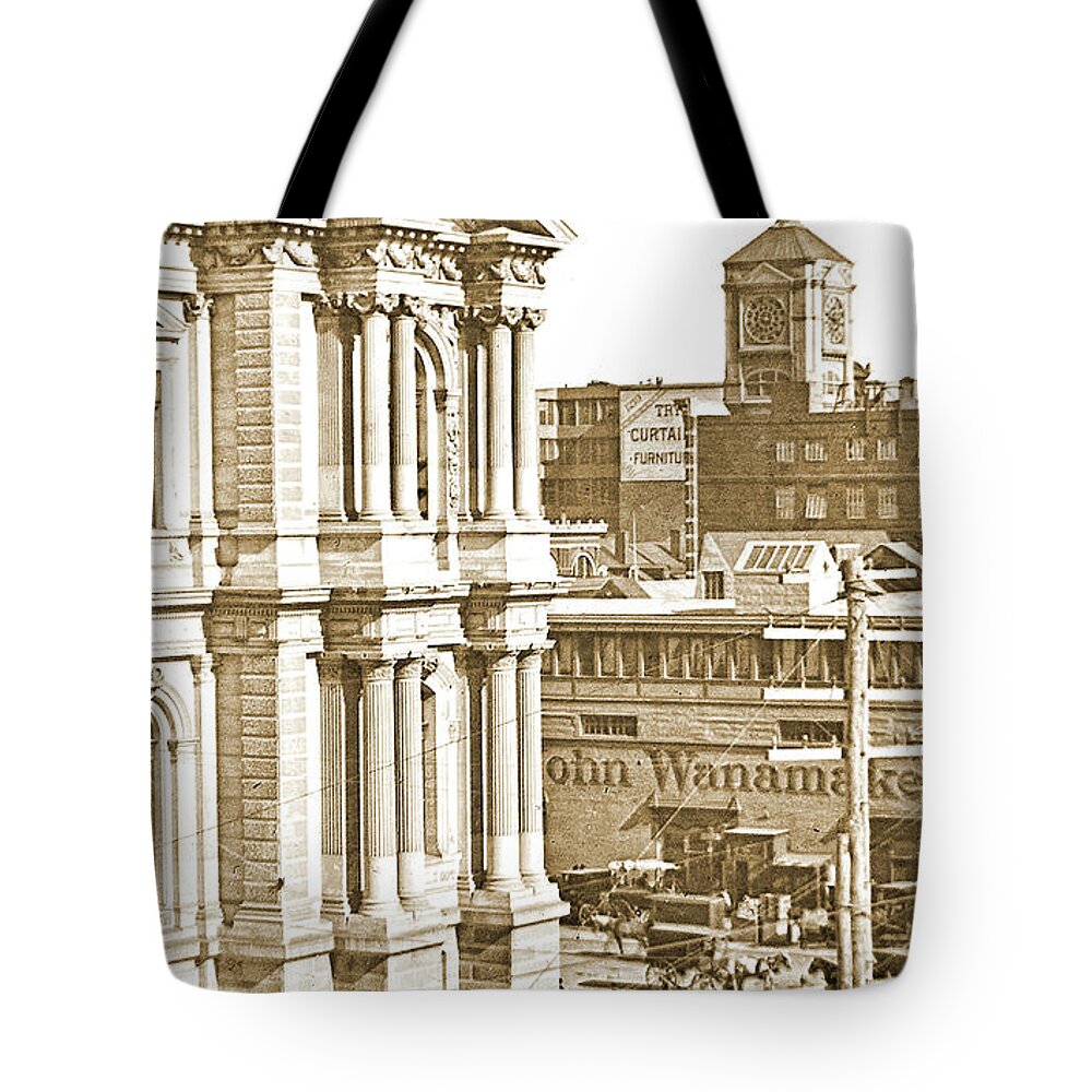 Philadelphia Tote Bag featuring the photograph Philadelphia City Hall and Wanamaker Store c 1900 Vintage Photog by A Macarthur Gurmankin