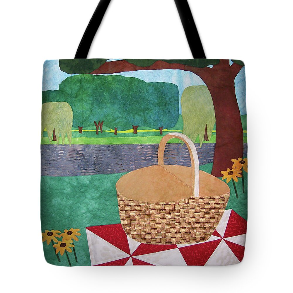 Art Quilt Tote Bag featuring the tapestry - textile Picnic at Ellis Pond by Pam Geisel
