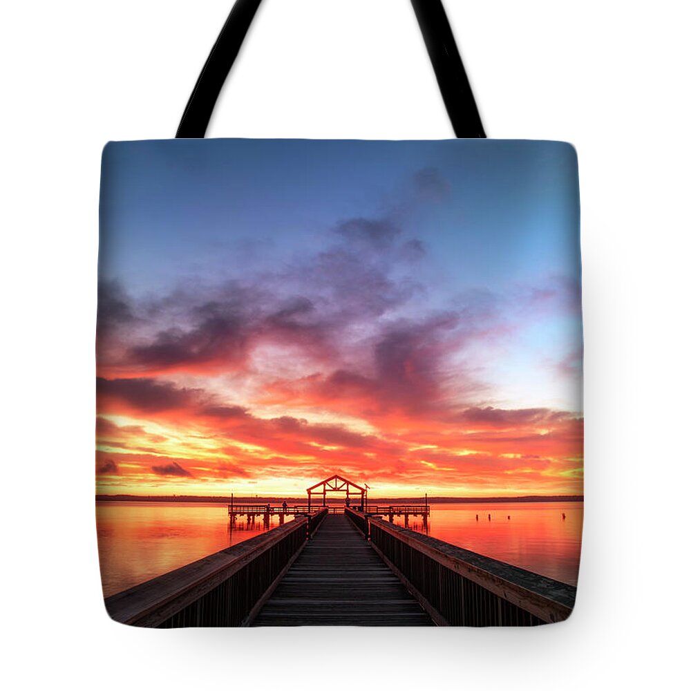 Sunrise Tote Bag featuring the photograph Pier into Daybreak by Art Cole