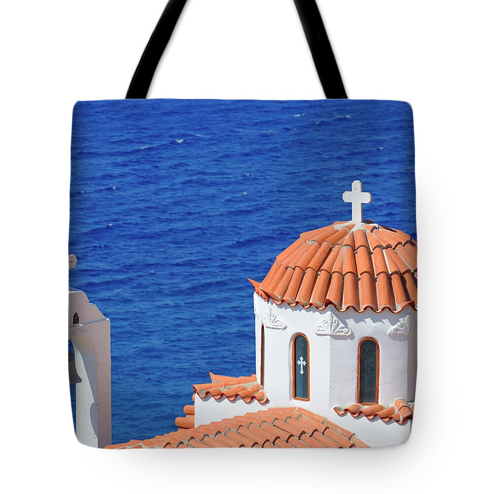 Greece Tote Bag featuring the photograph Pigadia Greek Orthodox Church On by Ekspansio