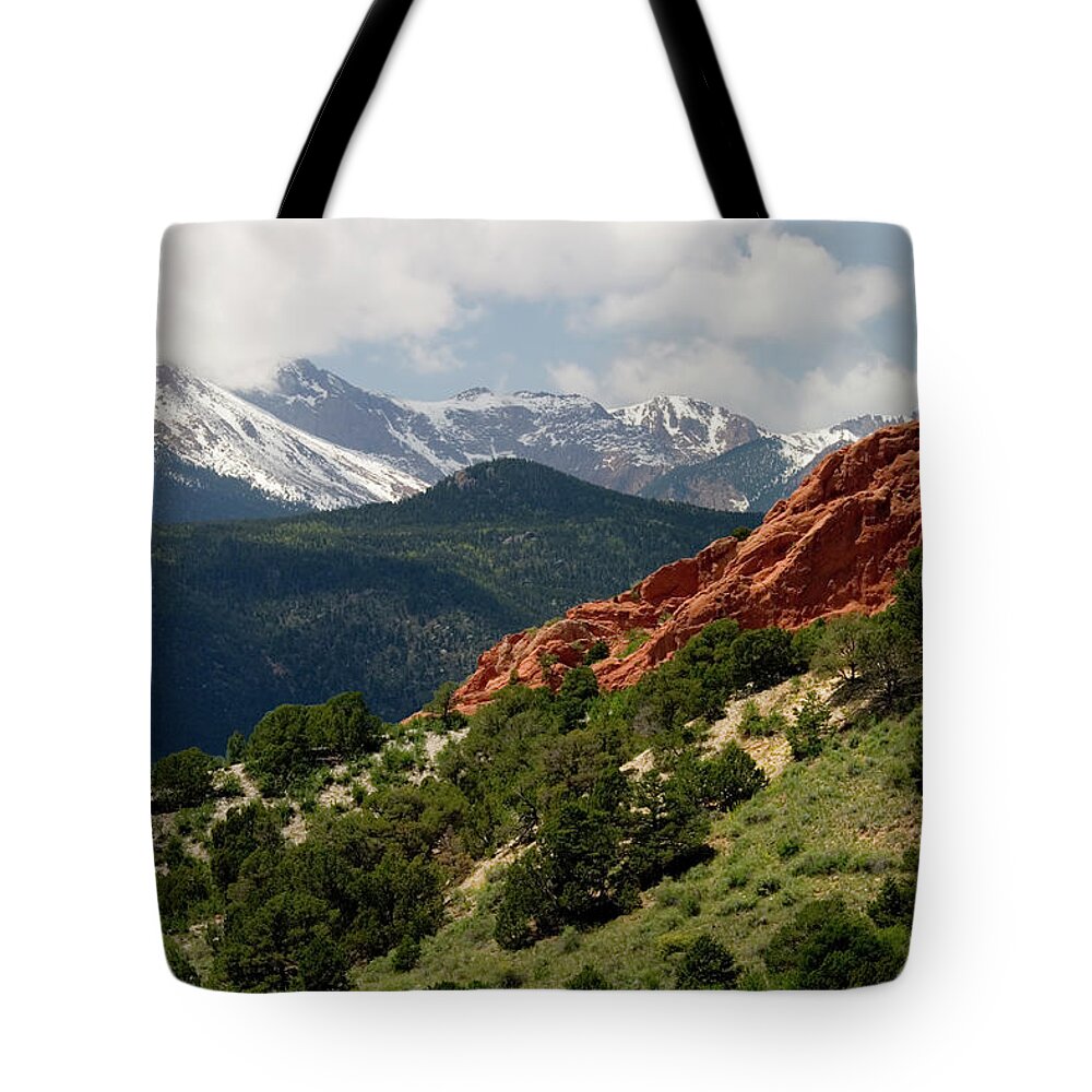Snow Tote Bag featuring the photograph Pikes Peak & Garden Of The Gods by Swkrullimaging