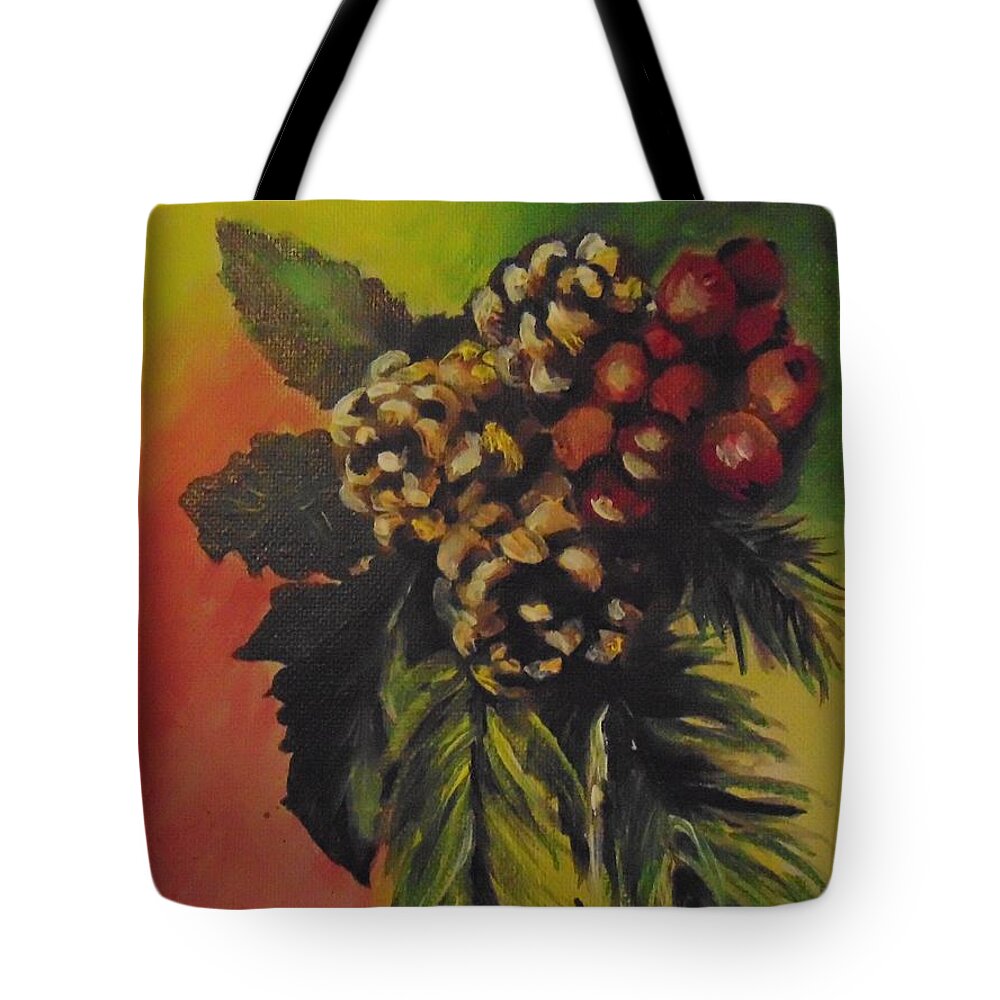 Christmas Tote Bag featuring the painting Pine Cones and Berries by Saundra Johnson
