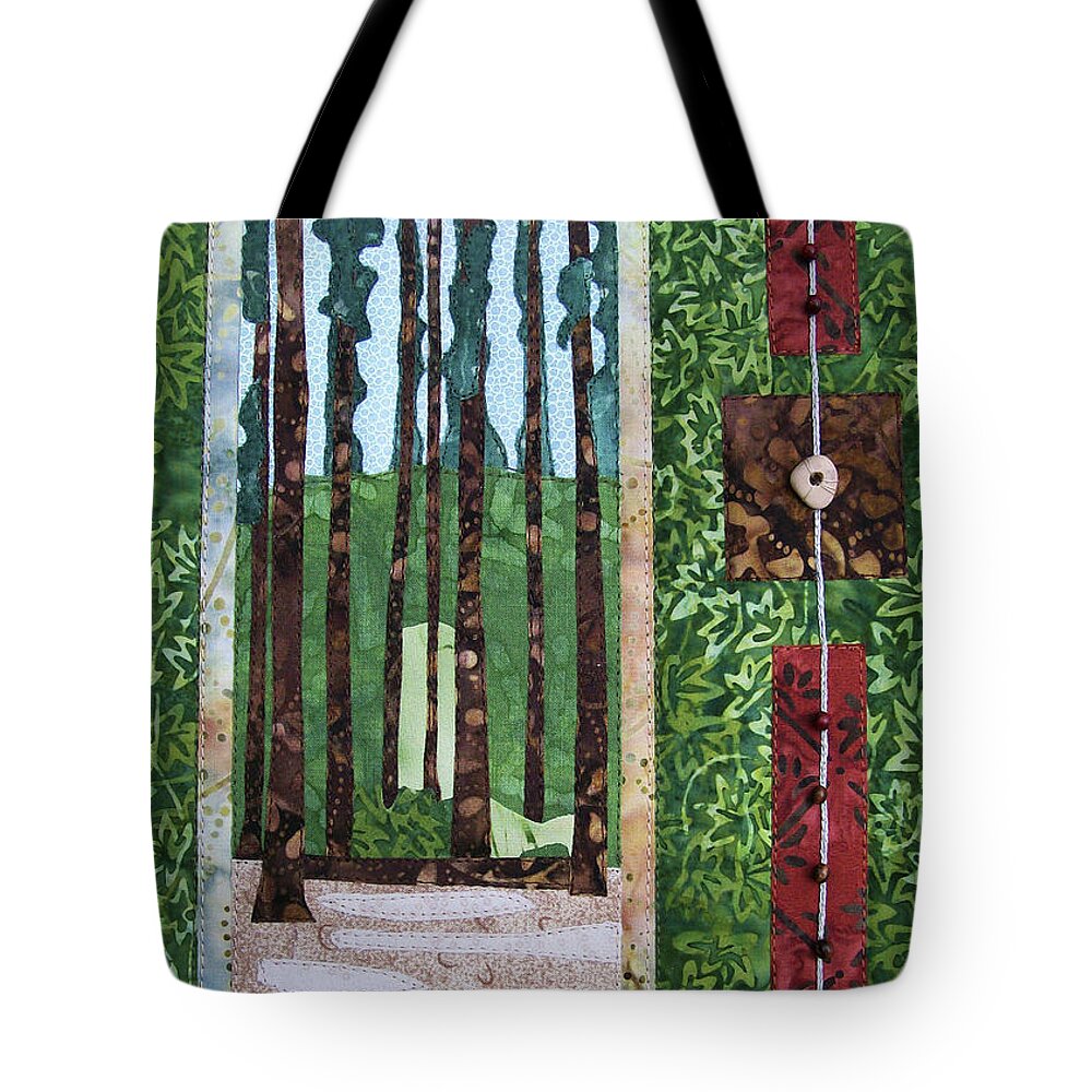 Art Quilt Tote Bag featuring the tapestry - textile Pine Forest tall by Pam Geisel
