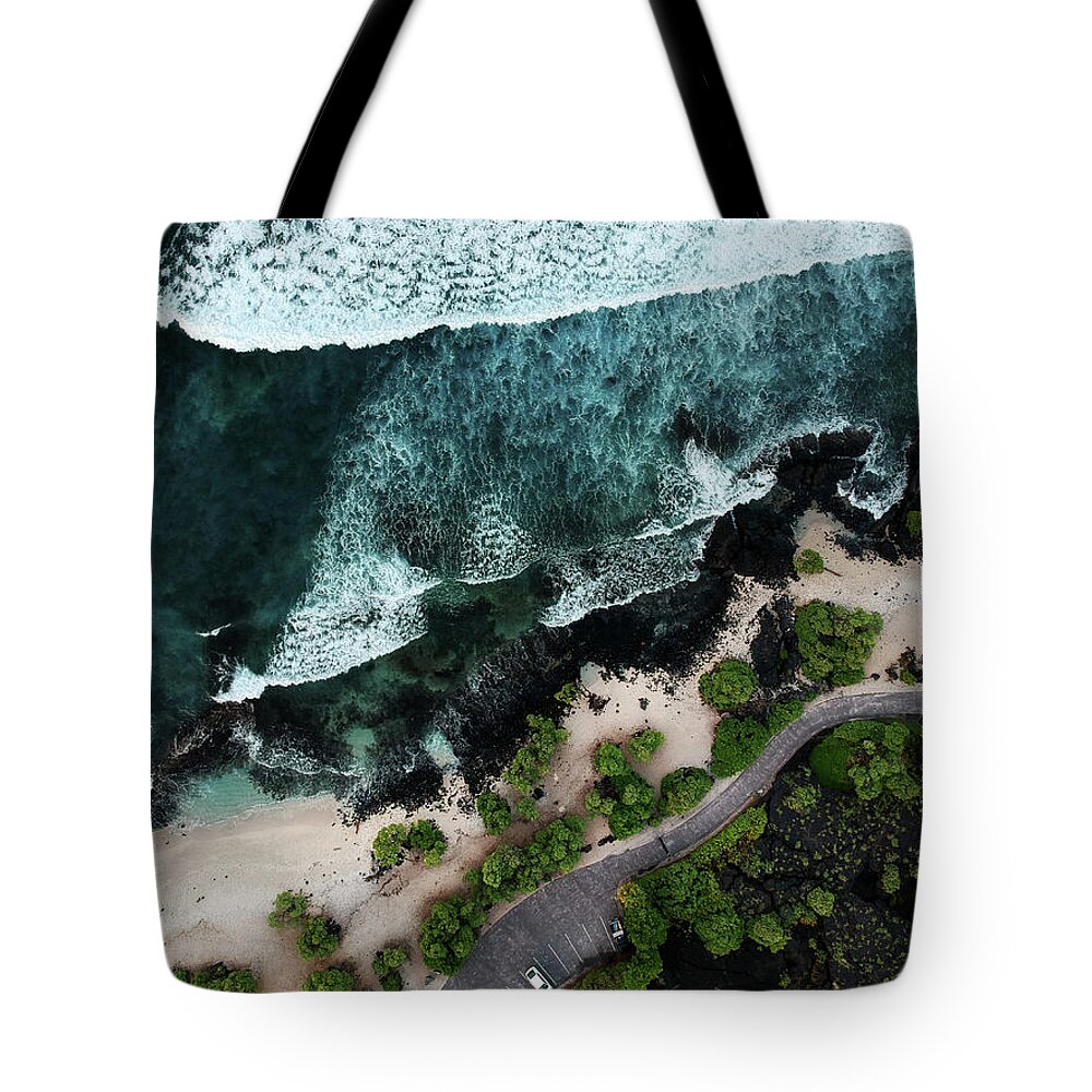 Aerial Tote Bag featuring the photograph Pine Trees Beach by Christopher Johnson
