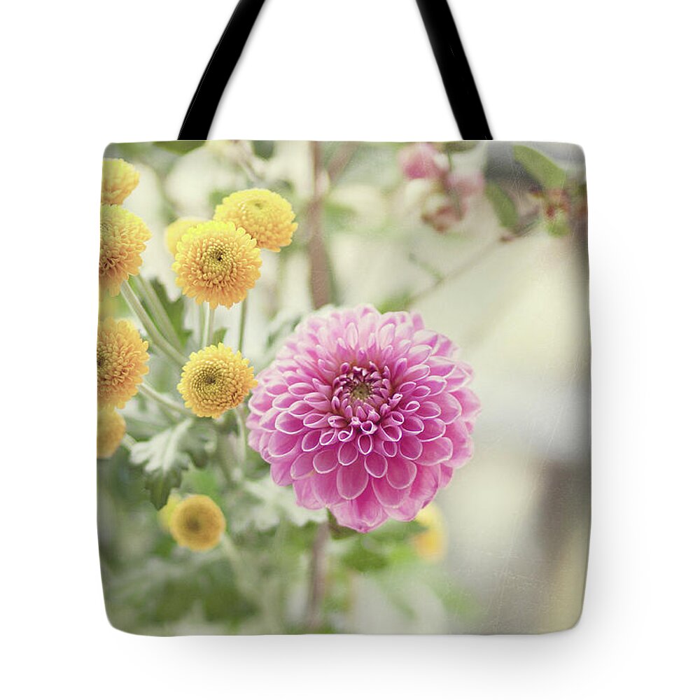 Netherlands Tote Bag featuring the photograph Pink Dahlia In Bouquet Of Flowers And by Helaine Weide