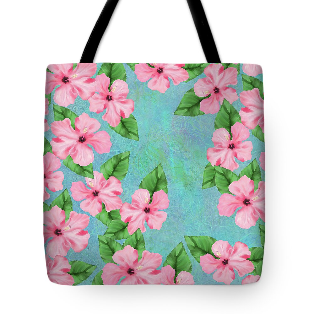 Tropical Tote Bag featuring the digital art Pink Hibiscus Tropical Floral Print by Sand And Chi