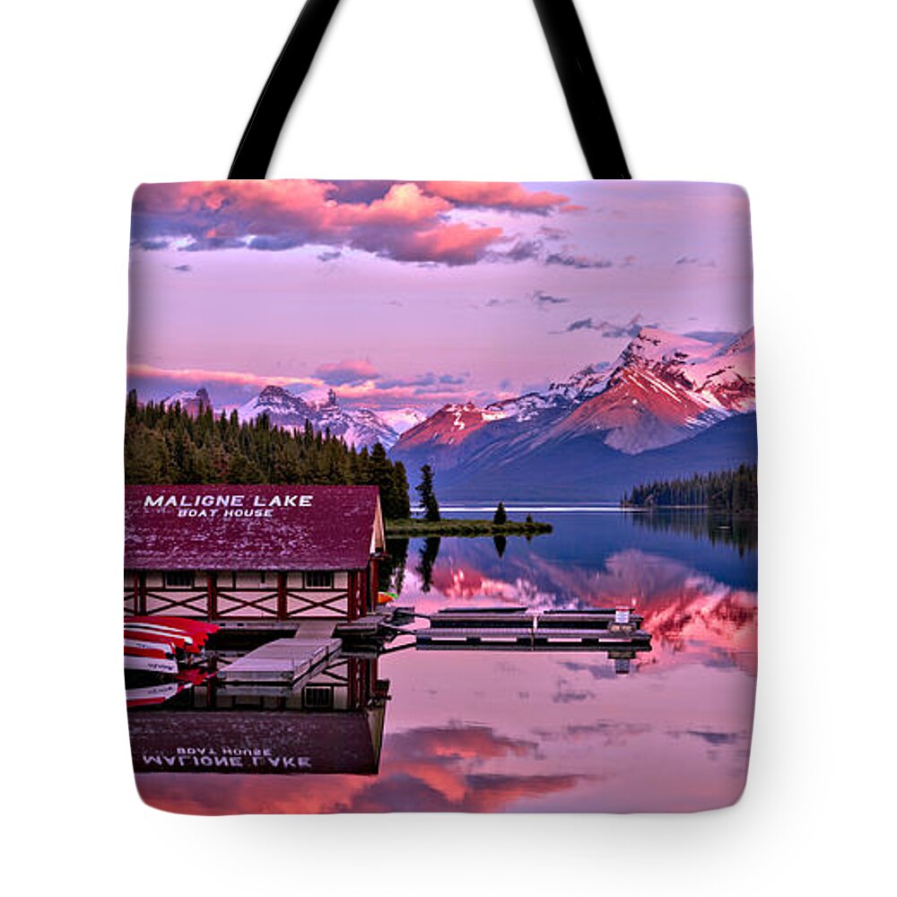 Maligne Lake Tote Bag featuring the photograph Pink Maligne Lake Sunset Panorama by Adam Jewell