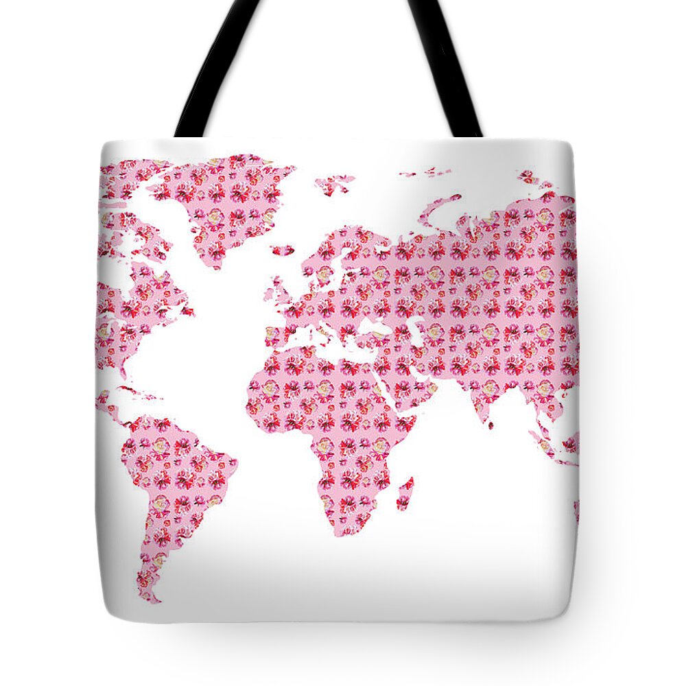 Pink Tote Bag featuring the painting Pink Rose Floral World Map Watercolor by Irina Sztukowski