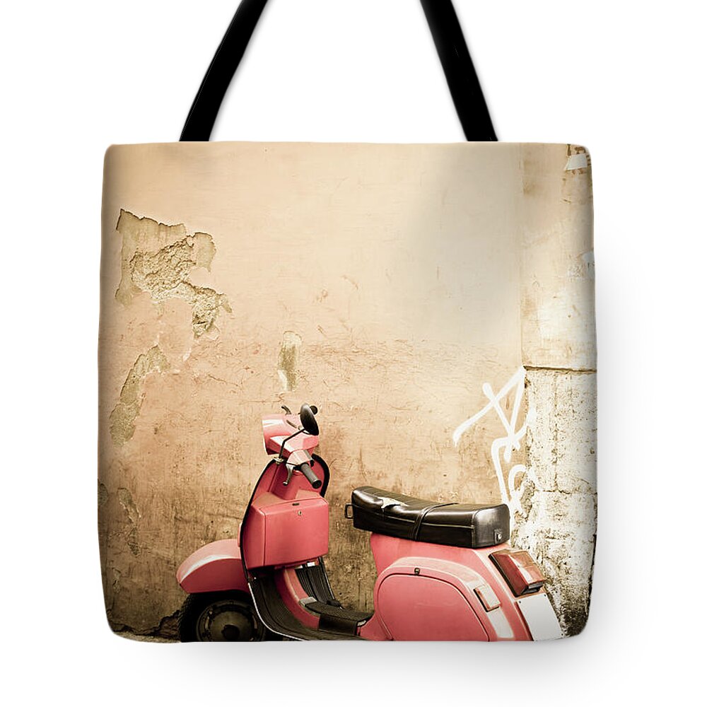 Desaturated Tote Bag featuring the photograph Pink Scooter And Roman Wall, Rome Italy by Romaoslo
