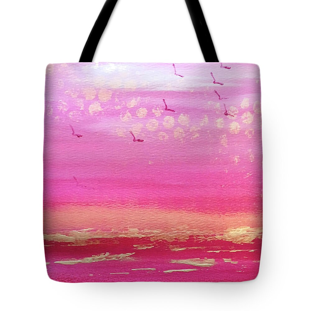 Pink Beach Tote Bag featuring the painting Pink Sky Beach by Nancy Merkle