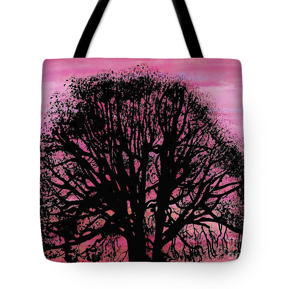 Sunset Tote Bag featuring the drawing Pink Sunset Tree by D Hackett