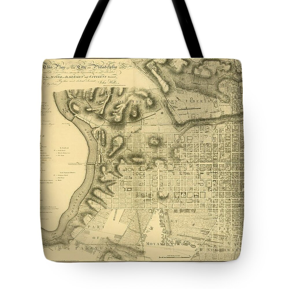 Philadelphia Tote Bag featuring the mixed media Plan of the City of Philadelphia and Its Environs shewing the improved parts, 1796 by John Hills